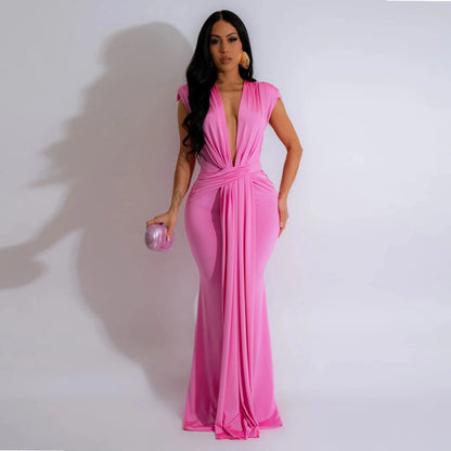 Dress Women Long Dresses Deep V Neck Sleeveless Solid Slim Fit Tight Waist Sexy Elegant Splice Hip Wrap Temperament Vestidos