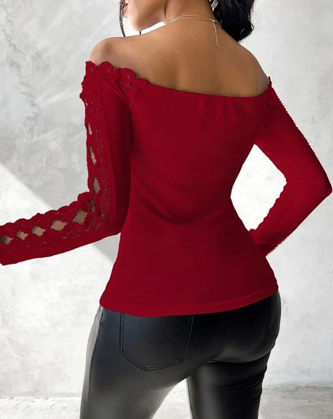 2023 Autumn Winter Spring New Fashion Casual Sexy Blouses Off Shoulder Hollow Out Lace Top Female Clothing TShirts Pullover Tops