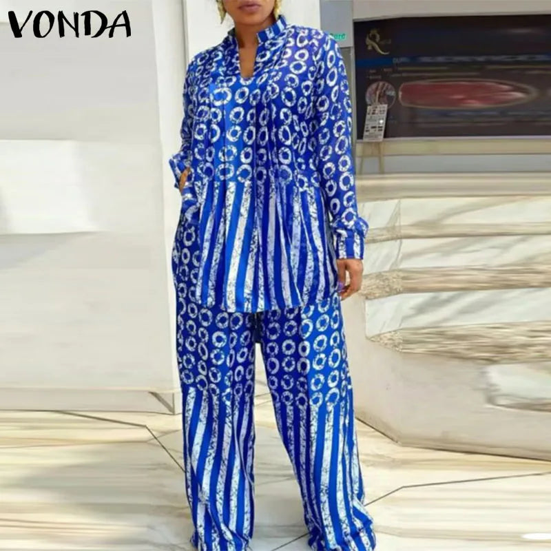Plus Size 5XL VONDA Women Matching Sets 2024 Fashion Long Sleeve Suits Polka Dot Striped Shirts And Elastic Waist Pant Sets