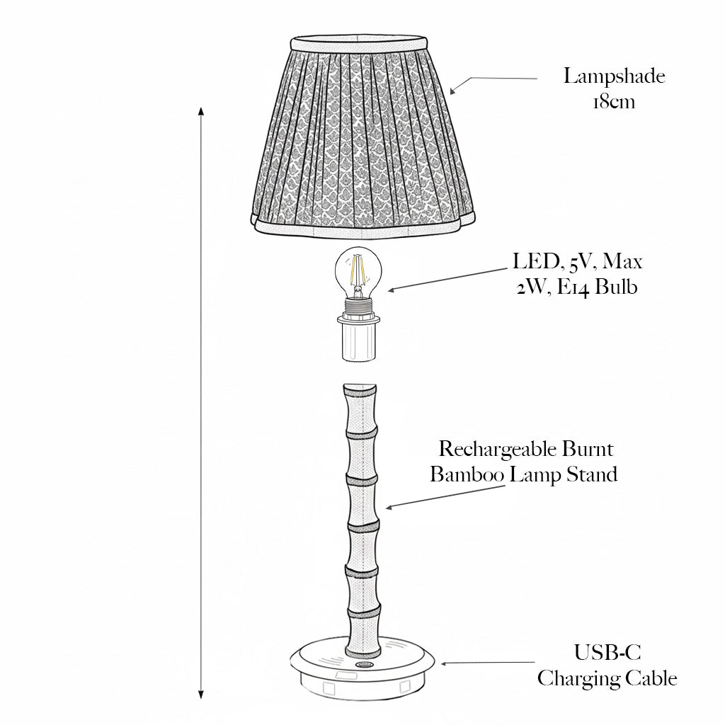 Burnt Bamboo Rechargeable Lamp with Olive Velvet Bow Shade (18cm)