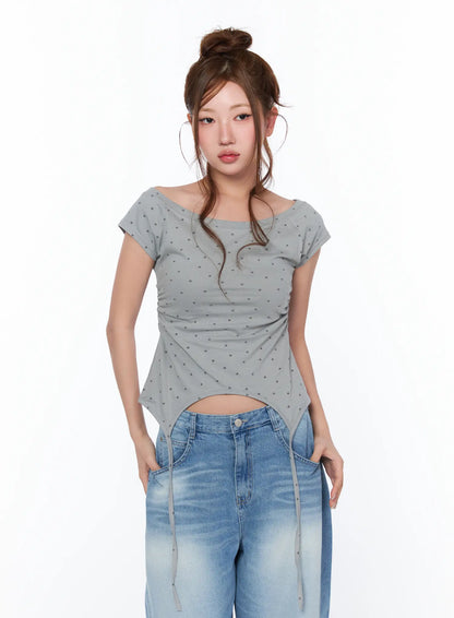 Boat Neck Star Print String Top CA514