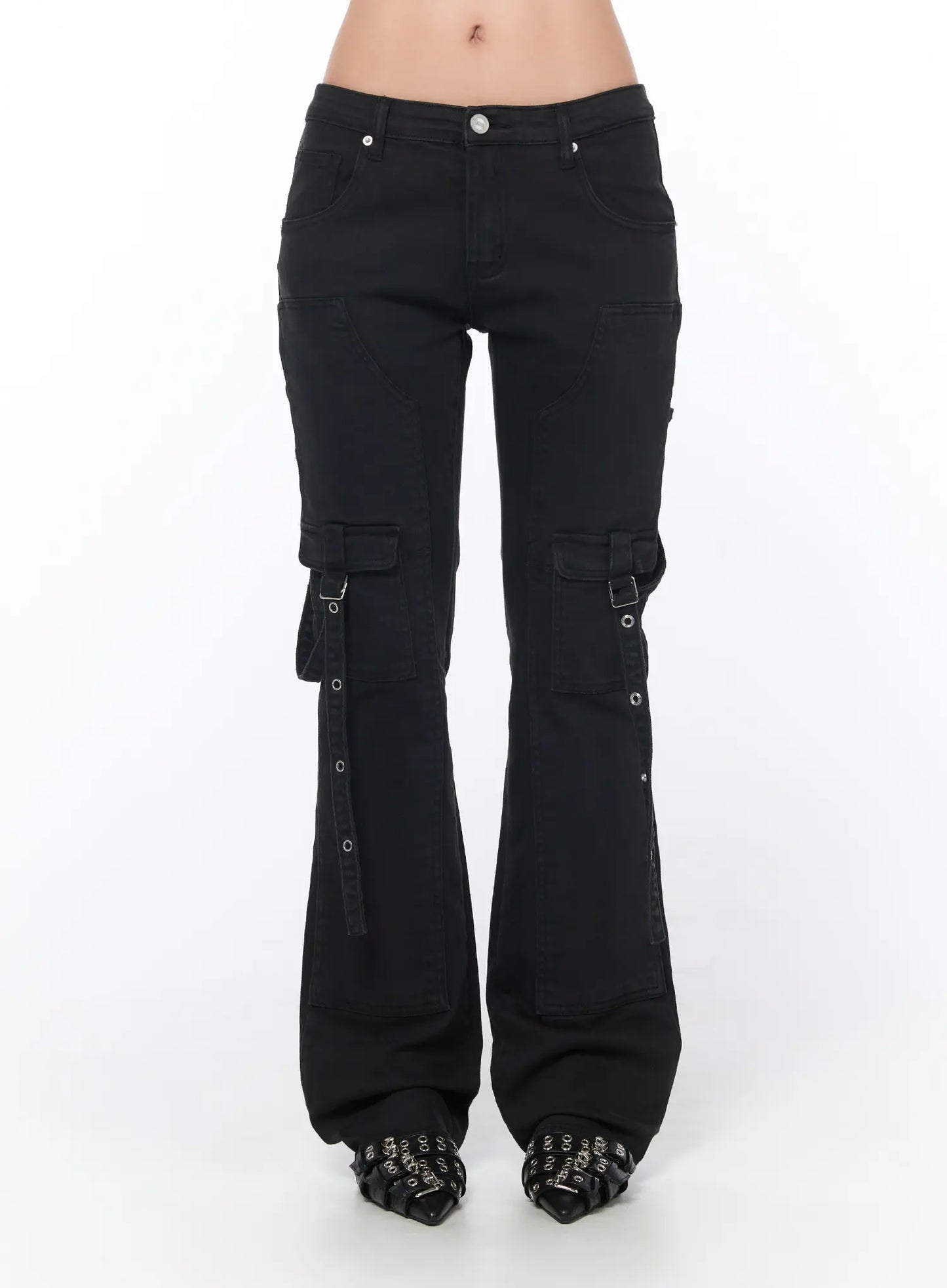 Black Bucle Bootcut Cargo Pants CY513