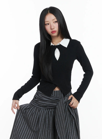 Button Wrap Collar Ribbed Long Sleeve Top CD529