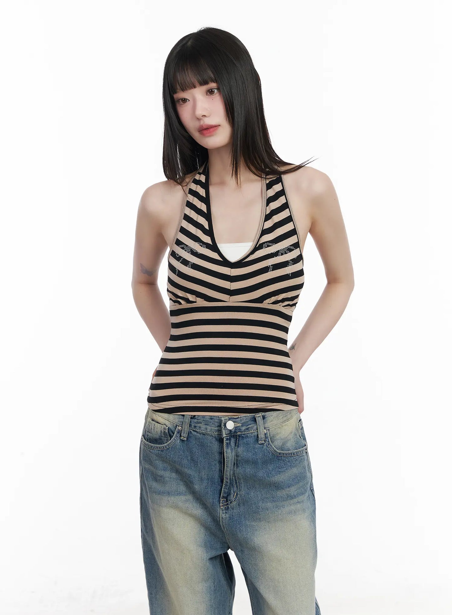 Bow Embellished Stripe Padded Halter Top CM524