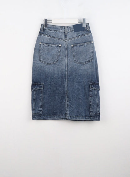 Cargo Washed Denim Midi Skirt CO323