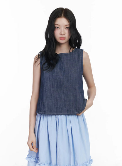 Back Button Sleeveless Top CA509