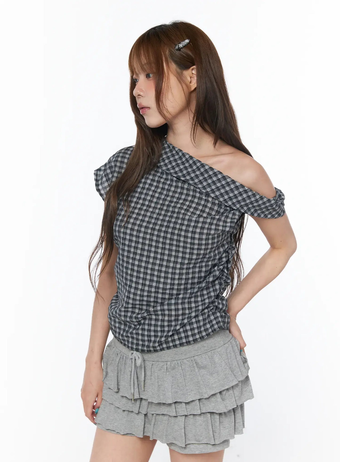 Asymmetric Ruched Plaid Blouse CY519