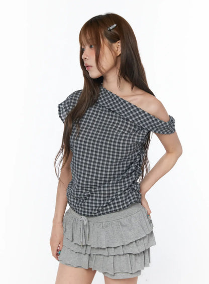 Asymmetric Ruched Plaid Blouse CY519