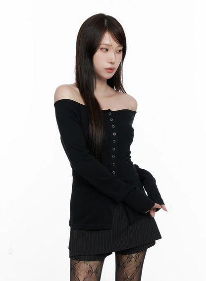 Buttoned Off-Shoulder Long Sleeve Cardigan CO520