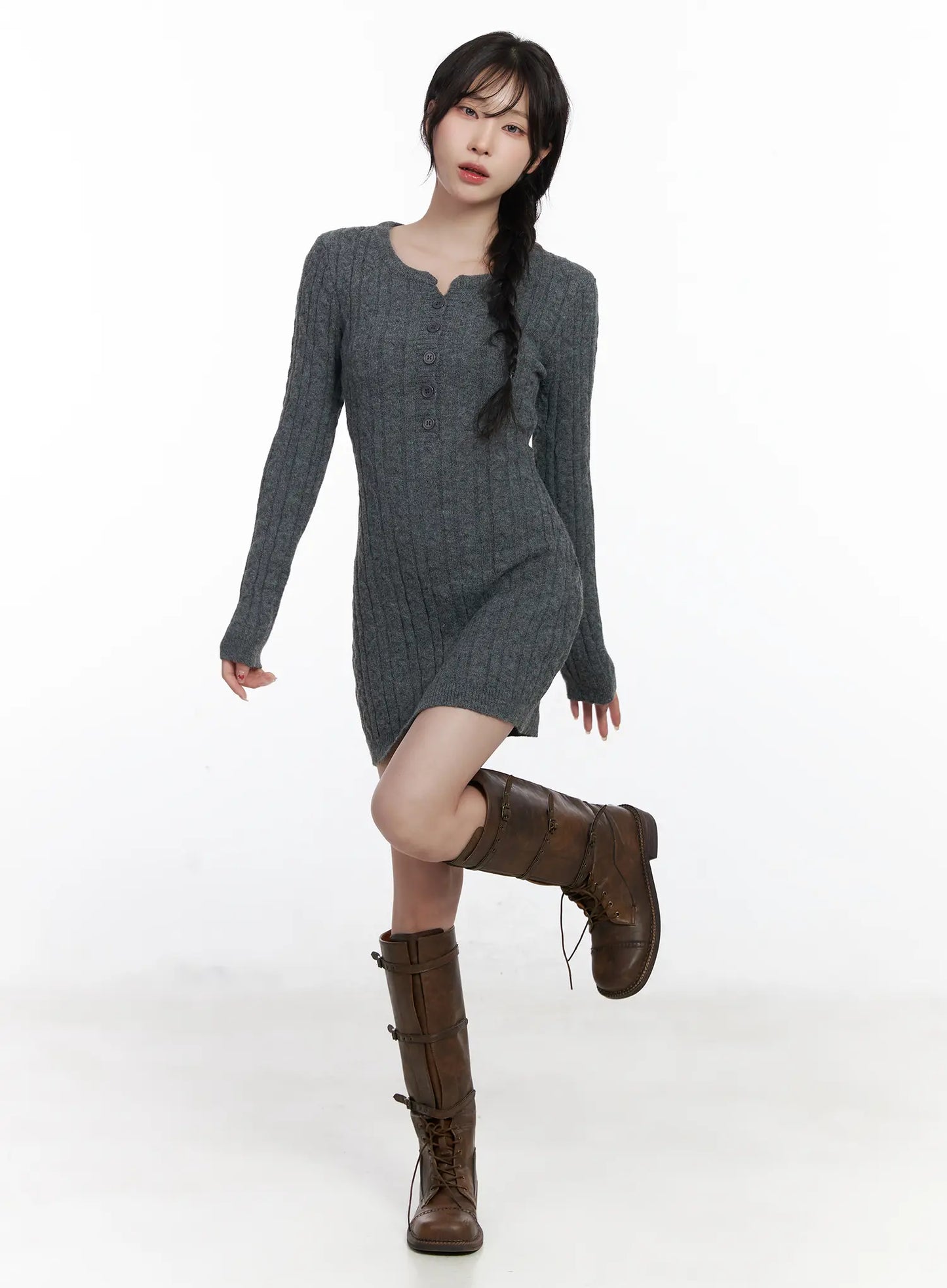 Cable Knit Button Sweater Mini Dress CJ526