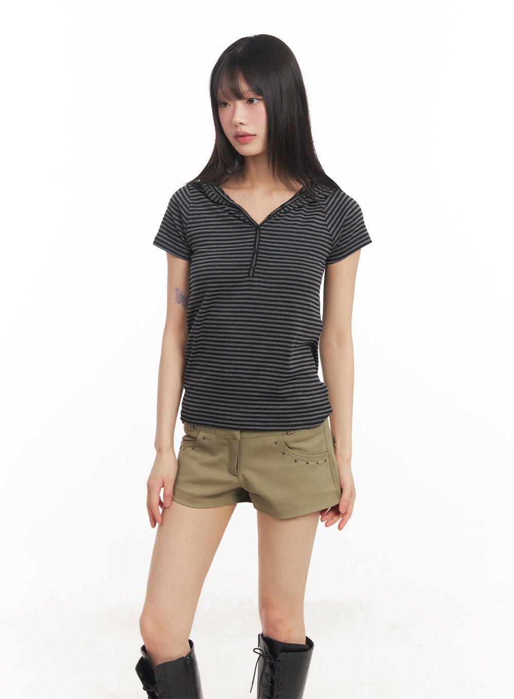 Buttoned Striped Hooded T-Shirt CA523