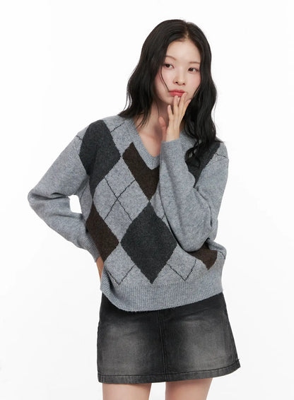 Casual Argyle Long Sleeve Knit CO522