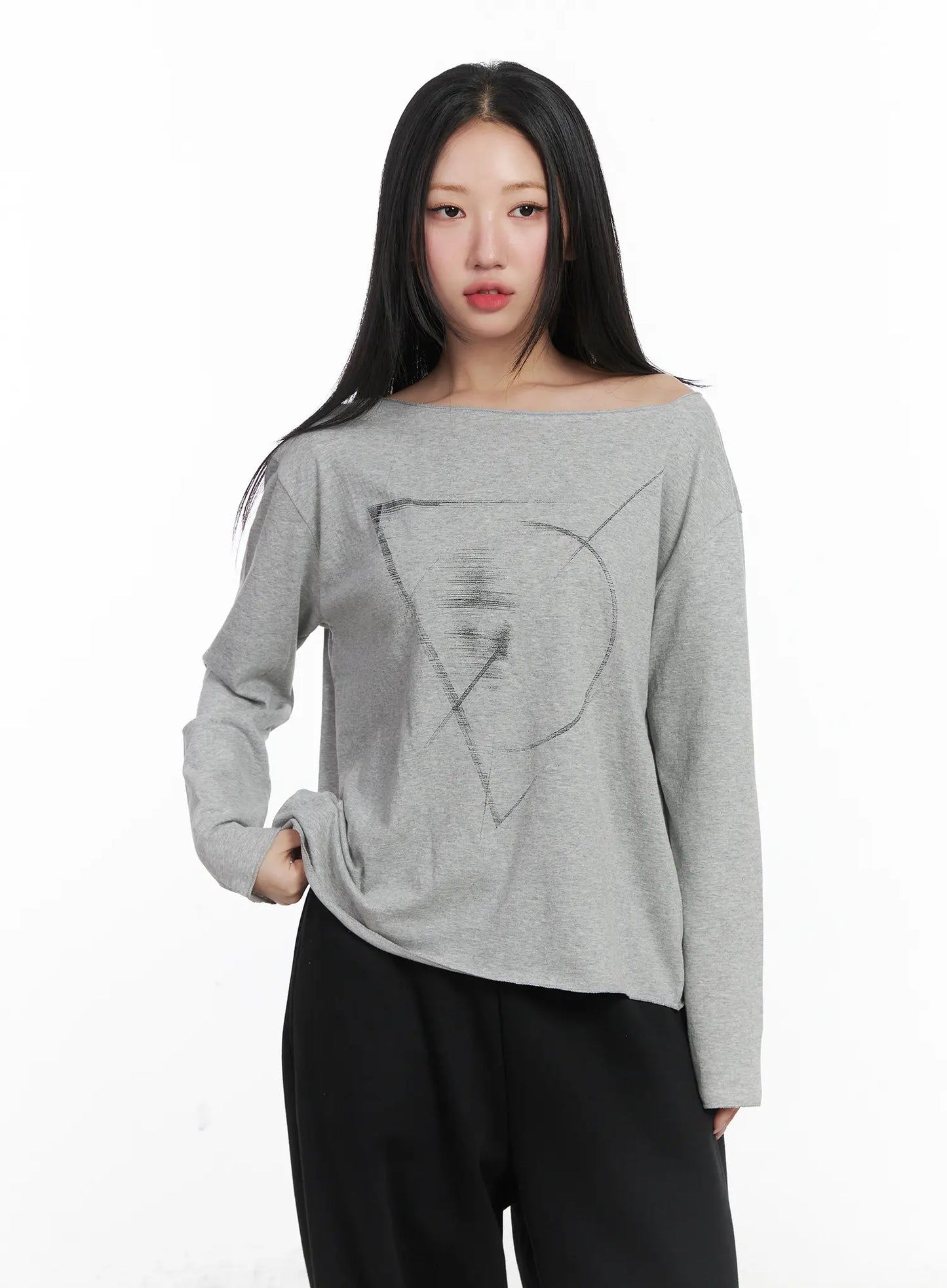 Casual Relaxed Neck Graphic Long Sleeve Tee CD530