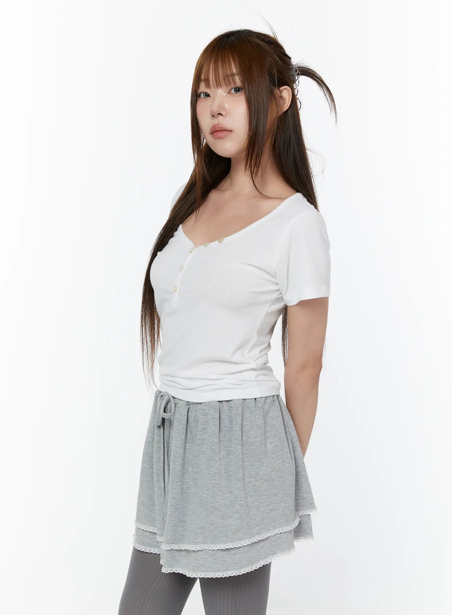 Basic Heart Neck Button Top CY519