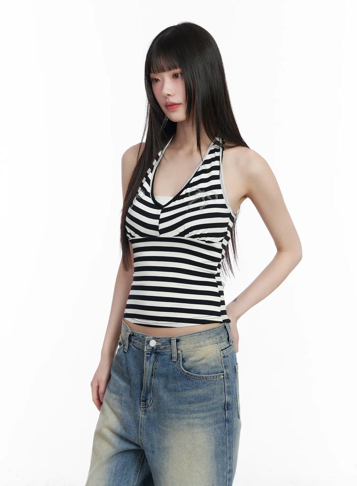 Bow Embellished Stripe Padded Halter Top CM524