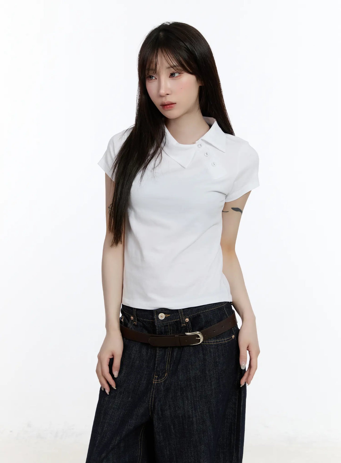 Asymmetrical Collar Short Sleeve Top CA501