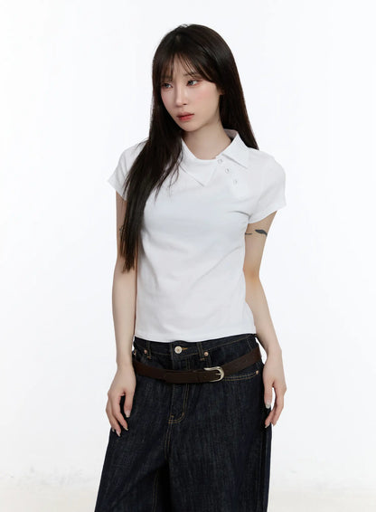 Asymmetrical Collar Short Sleeve Top CA501