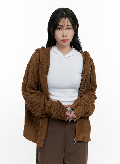 Cable Knit Zip-Up Hooded Sweater Cardigan CN411