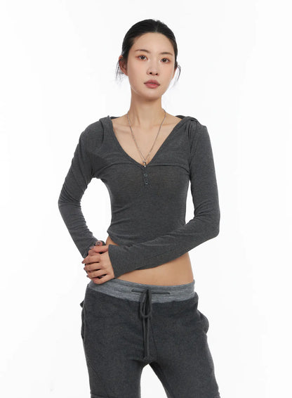 Buttoned Hooded Long Sleeve Crop Top CD509