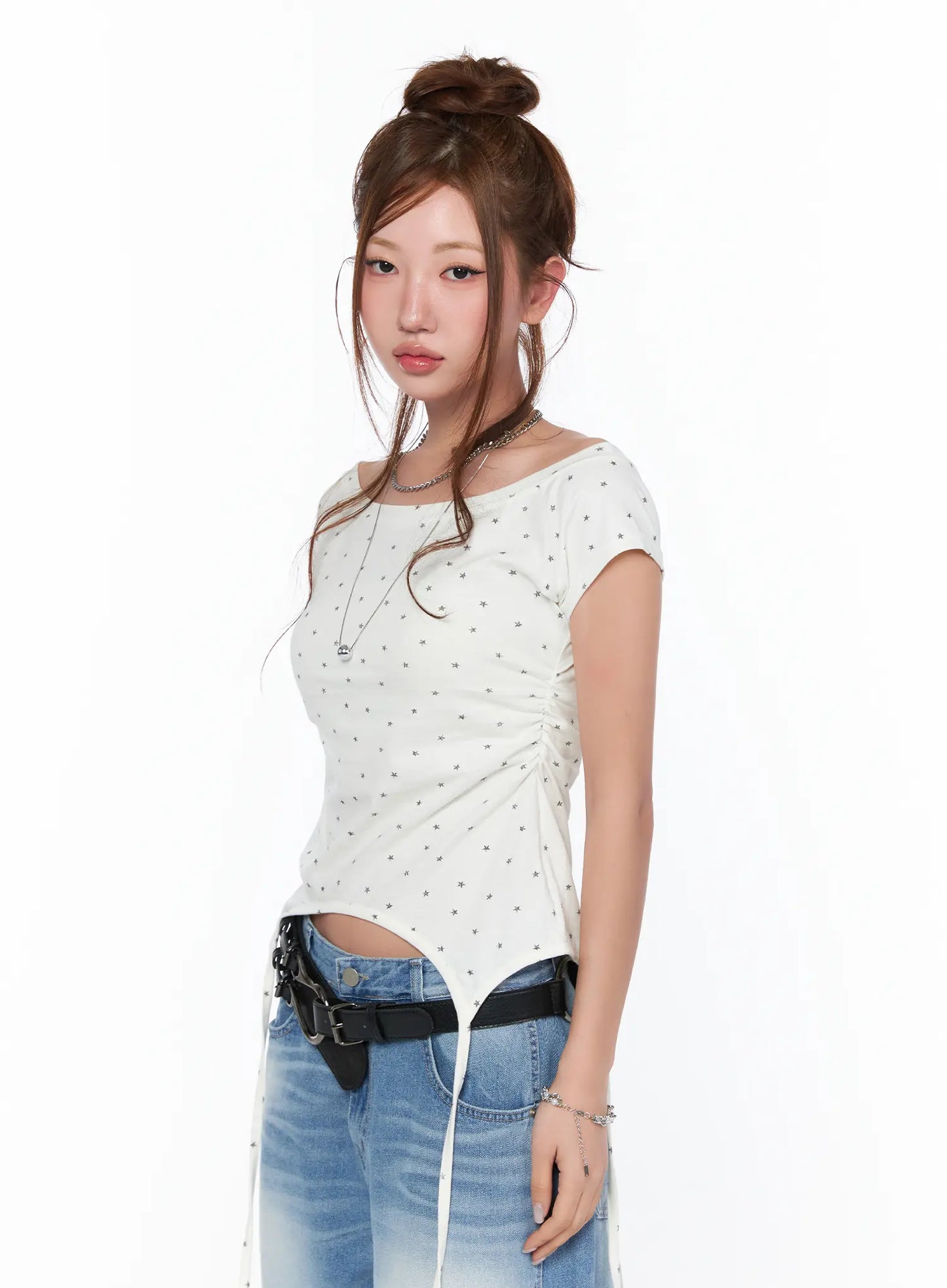 Boat Neck Star Print String Top CA514