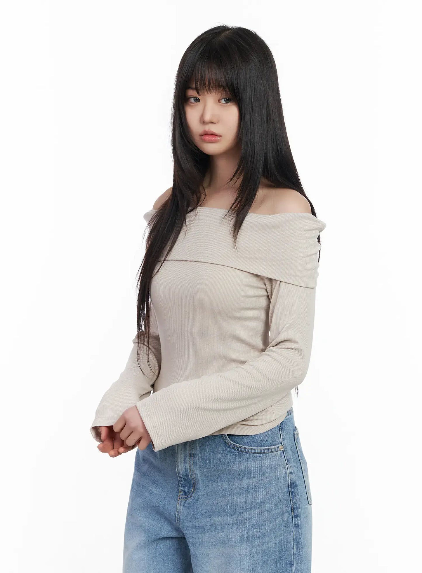 Basic Off-Shoulder Ribbed Long Sleeve Top CM512