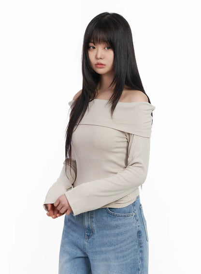 Basic Off-Shoulder Ribbed Long Sleeve Top CM512