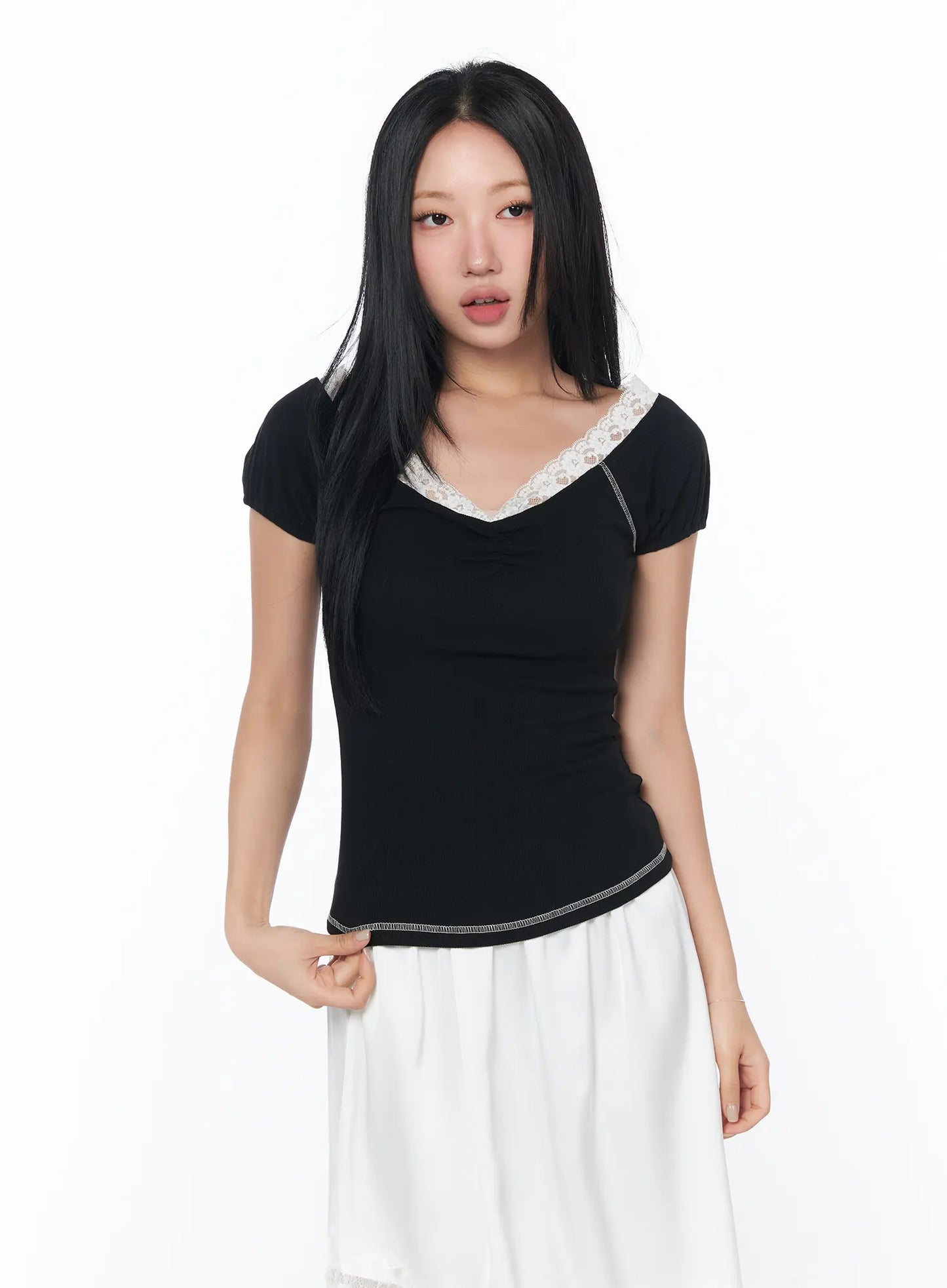 Chic Lace-Trimmed Shirred Tee CY512