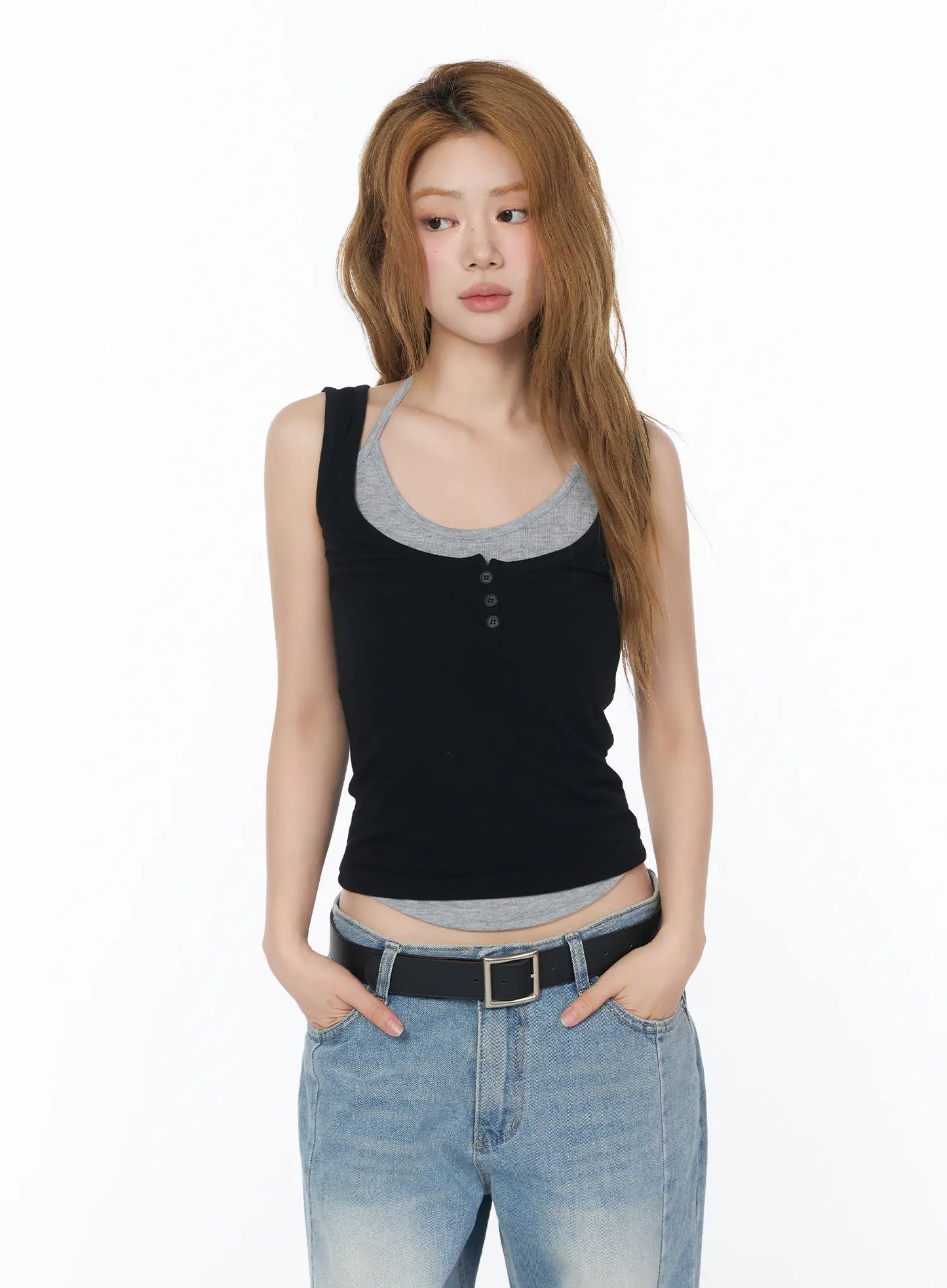 Button Detail Layered Sleeveless Top CY508