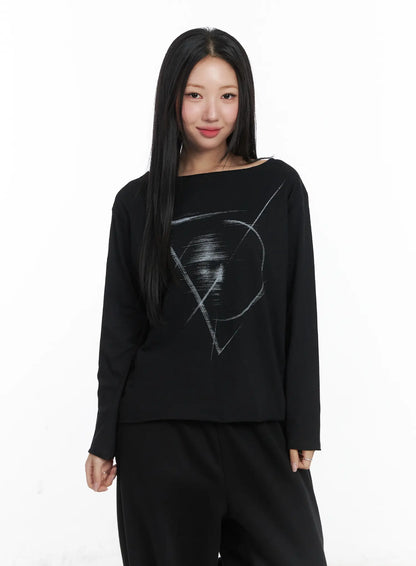Casual Relaxed Neck Graphic Long Sleeve Tee CD530