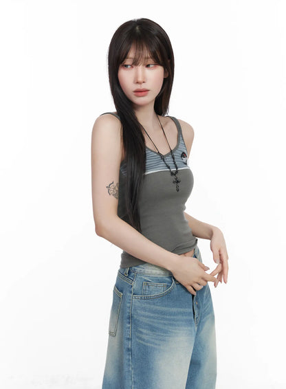 Casual Ribbed Sleeveless Top With Badges CF523