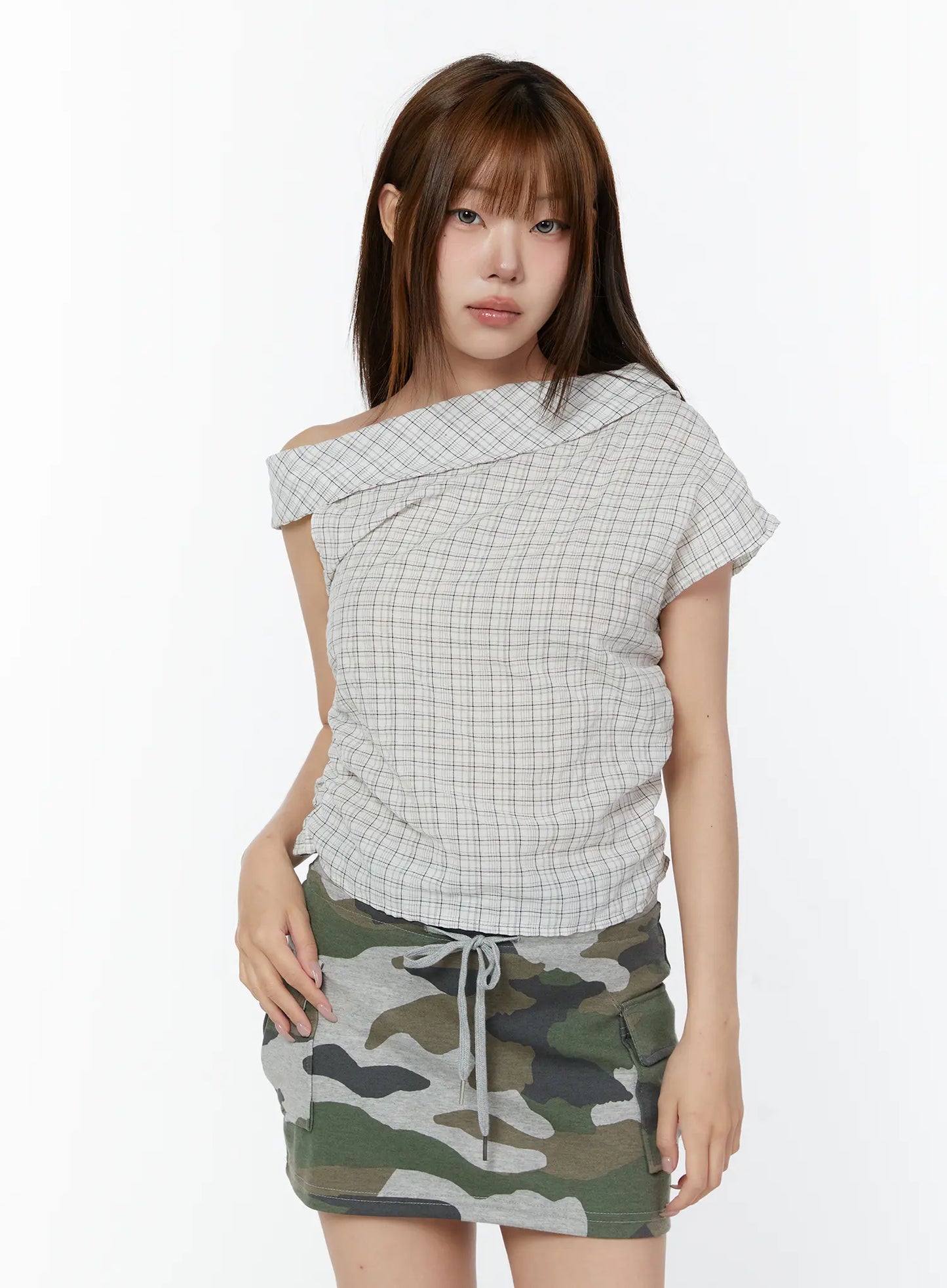 Asymmetric Ruched Plaid Blouse CY519
