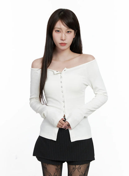 Buttoned Off-Shoulder Long Sleeve Cardigan CO520