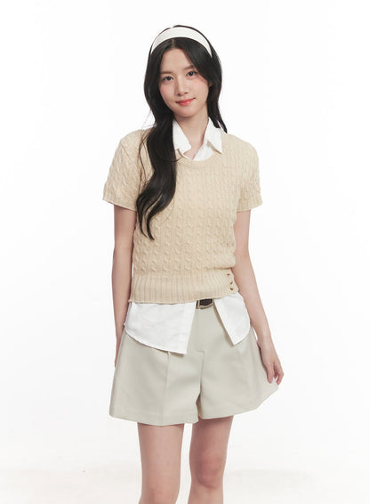 Cable Knit Short Sleeve Sweater CA510