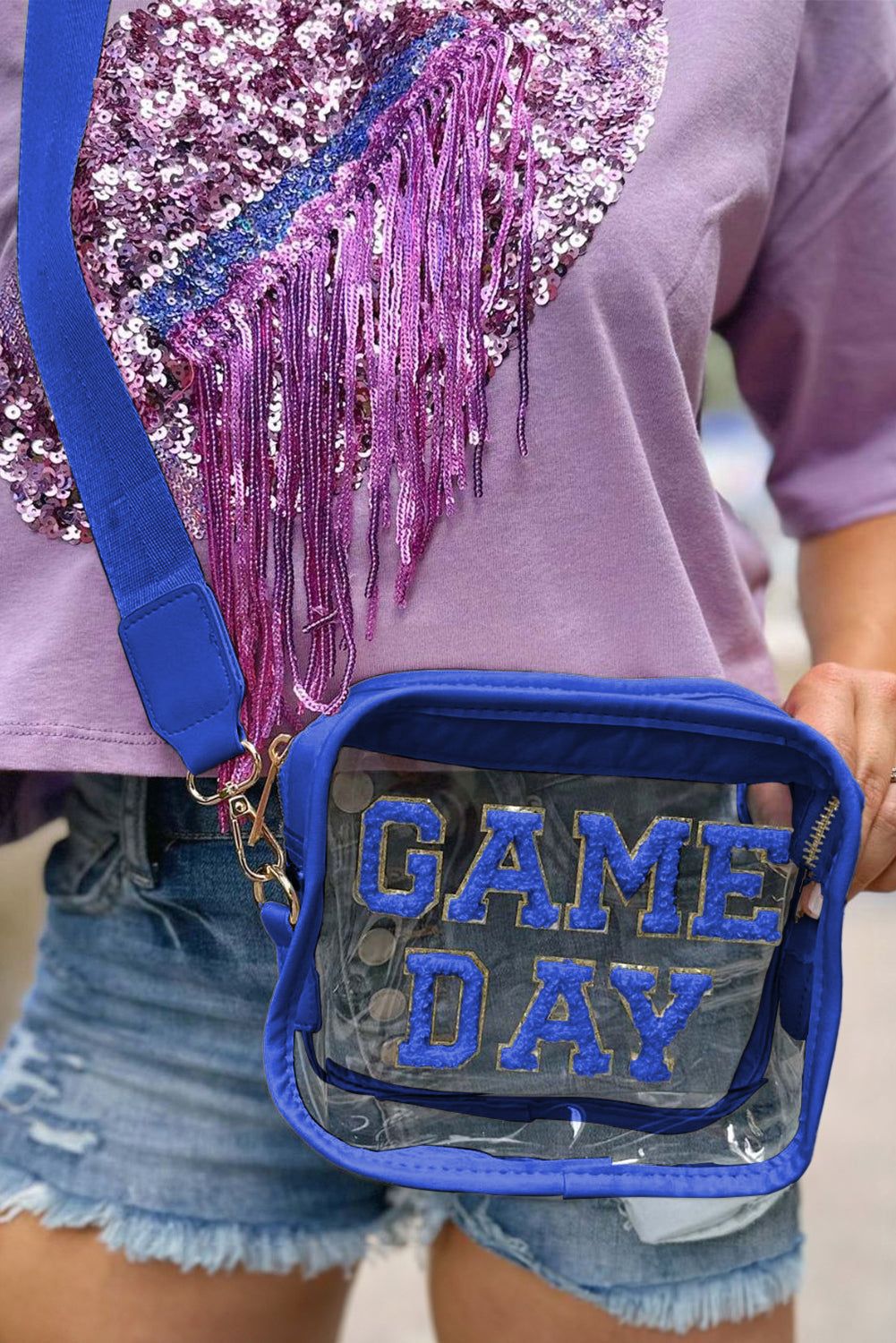 Black Chenille GAME DAY Pattern Clear Shoulder Bag