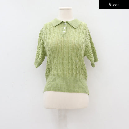 Cable Knit Collared Short-sleeve Sweater CA01