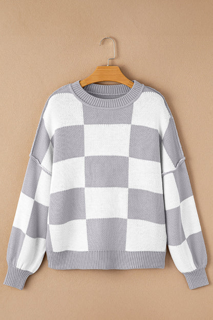 Orange & White Plaid Exposed Seam Bishop Sleeve Sweater