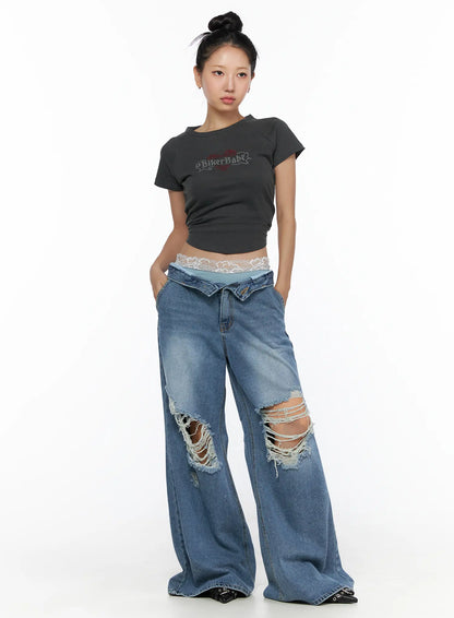 Anyae Mid-Wash Knee Distressed Wide Jeans CL510