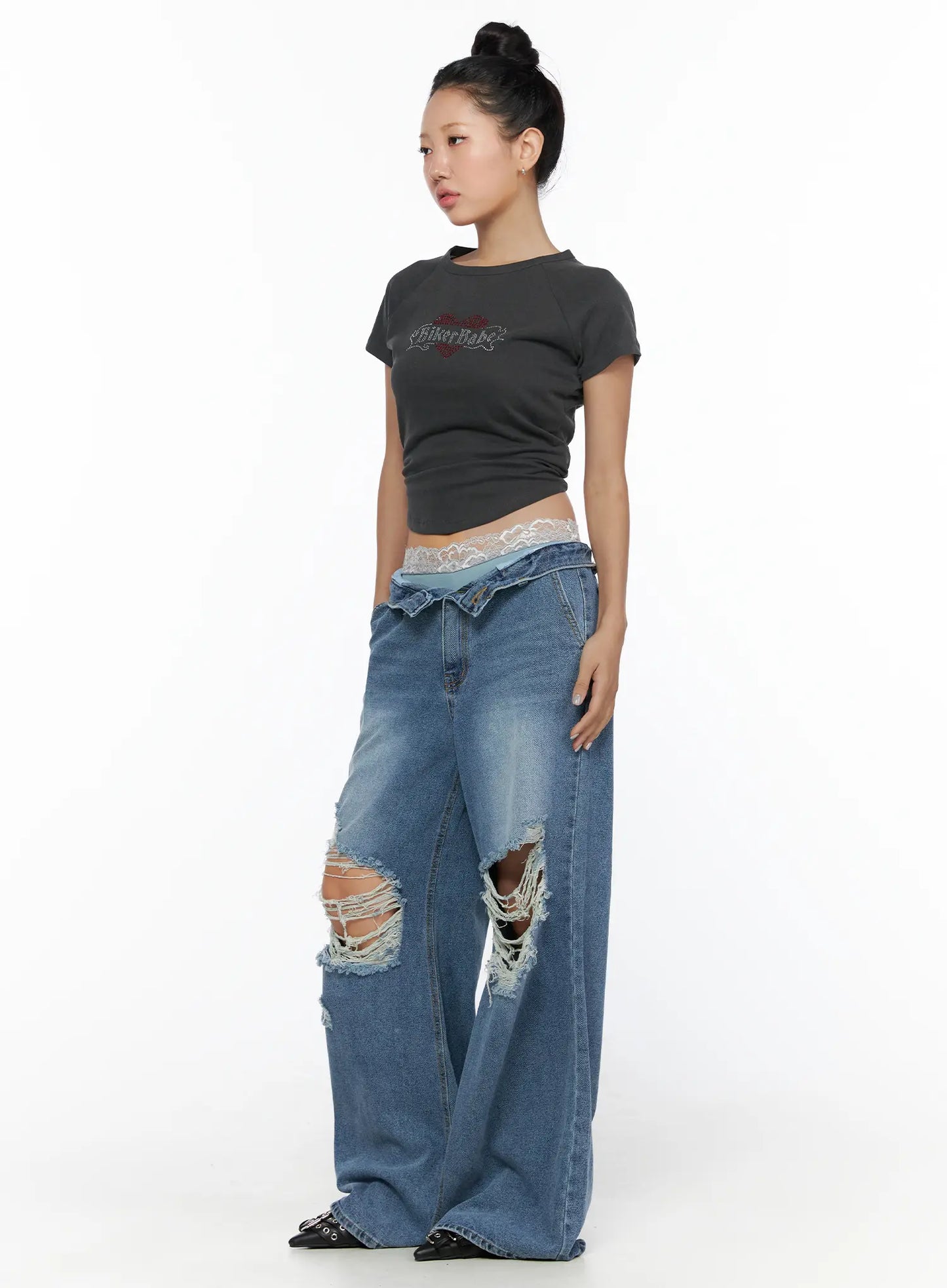 Anyae Mid-Wash Knee Distressed Wide Jeans CL510