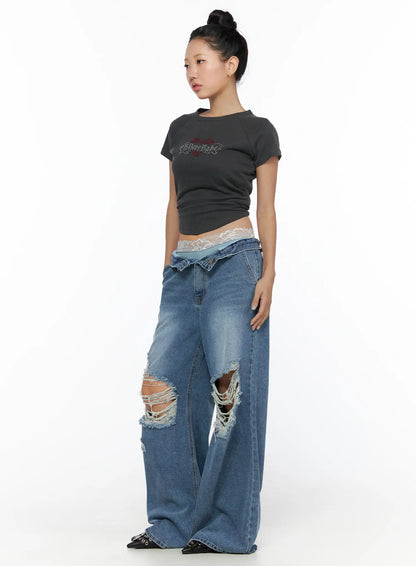 Anyae Mid-Wash Knee Distressed Wide Jeans CL510