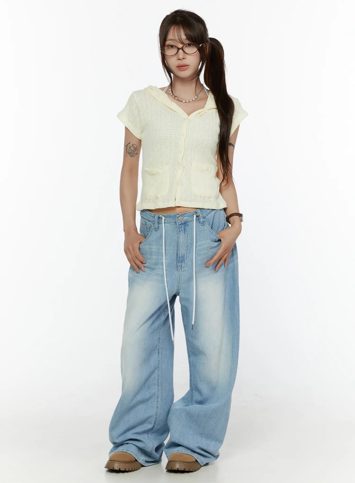 Aurelie Drawstring Washed Wide Leg Jeans CL507