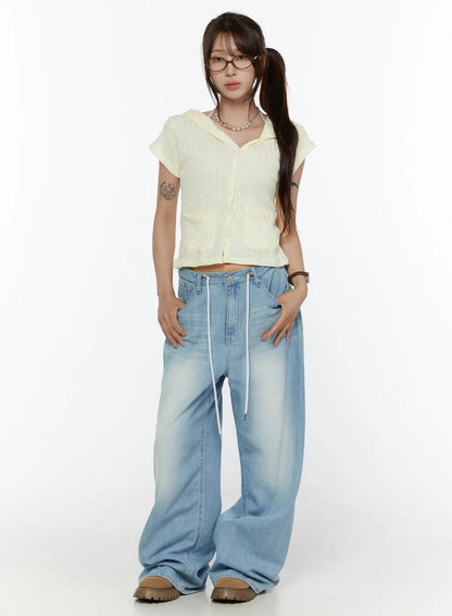 Aurelie Drawstring Washed Wide Leg Jeans CL507