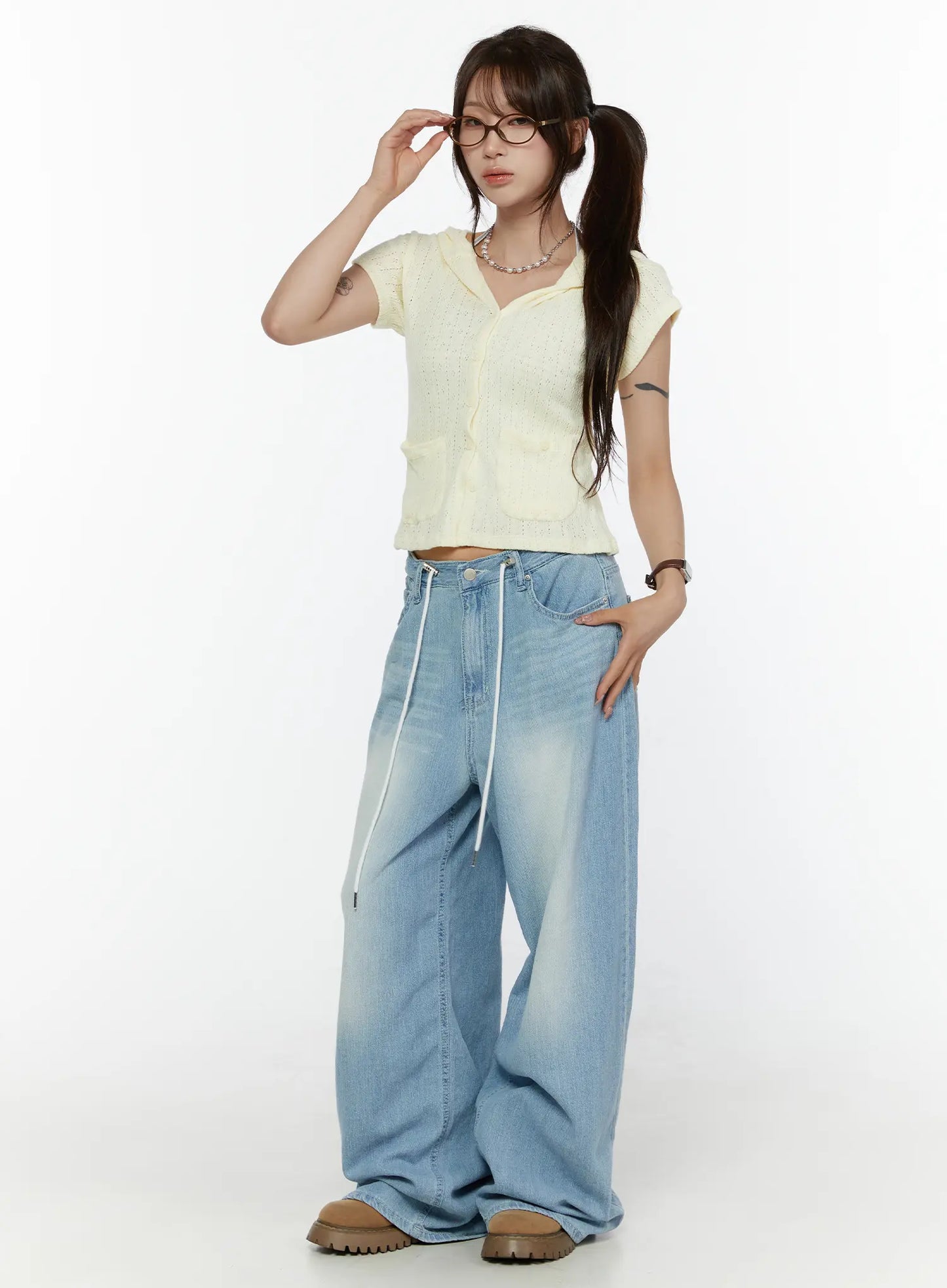 Aurelie Drawstring Washed Wide Leg Jeans CL507