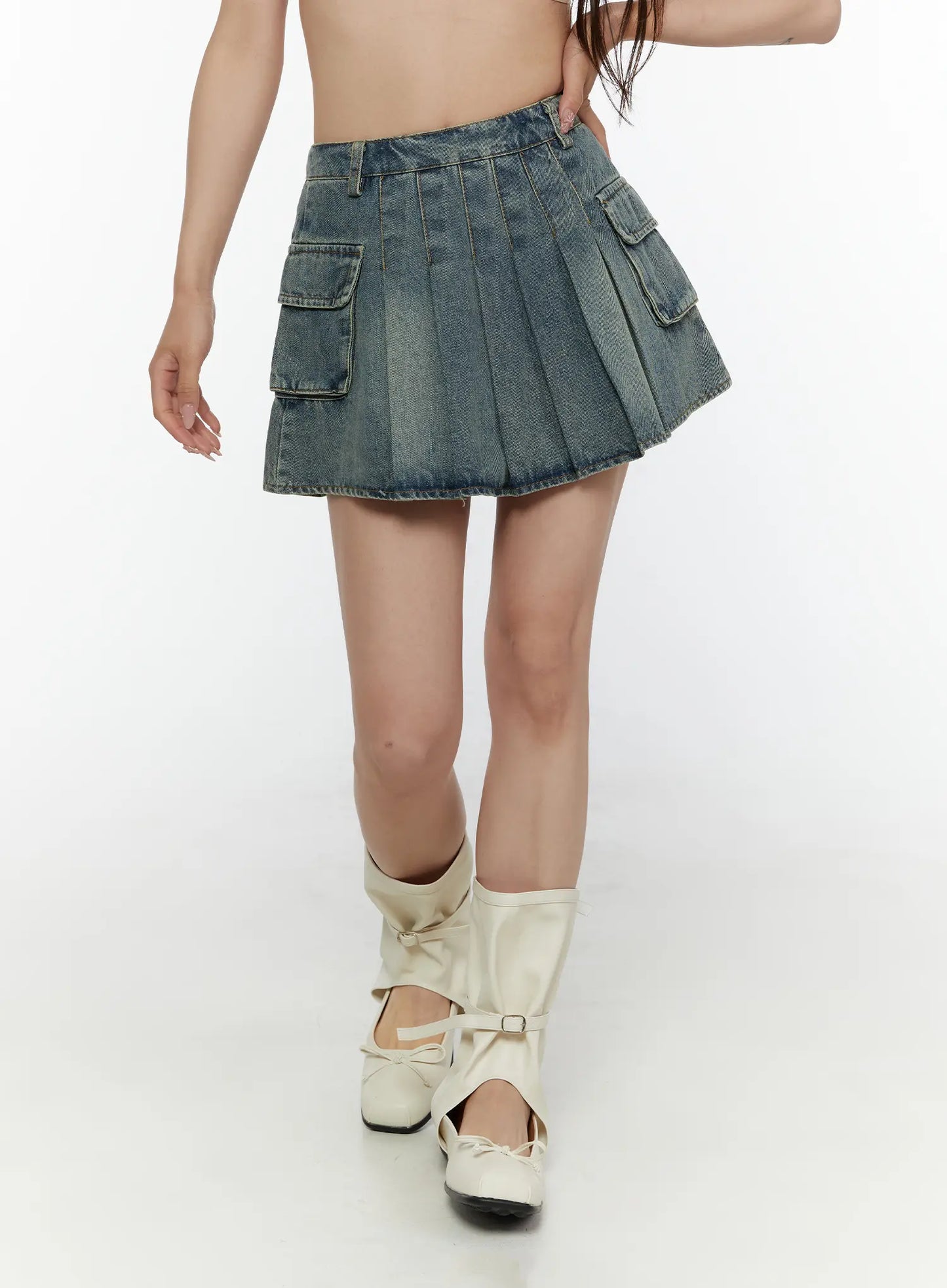 Cargo Pleated Vintage Wash Denim Skirt CL507