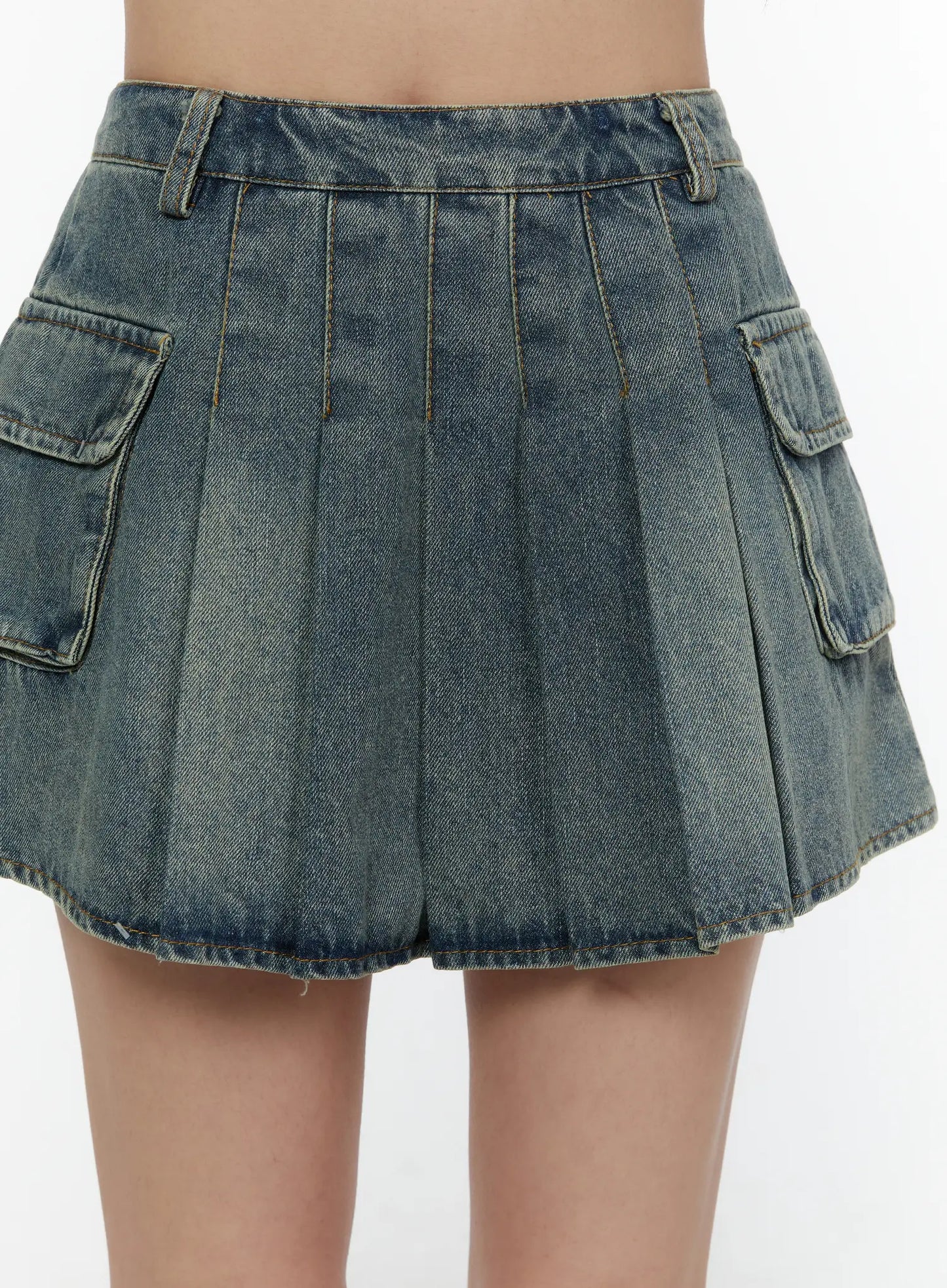 Cargo Pleated Vintage Wash Denim Skirt CL507