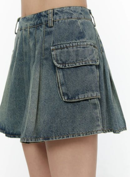 Cargo Pleated Vintage Wash Denim Skirt CL507