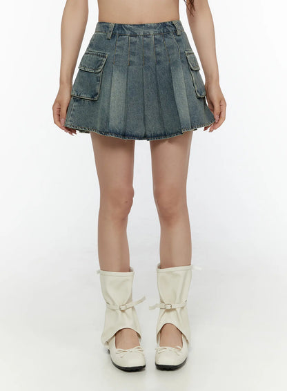 Cargo Pleated Vintage Wash Denim Skirt CL507