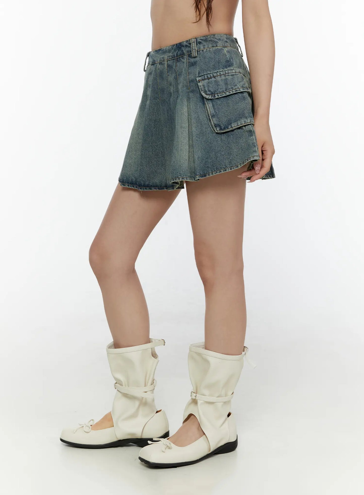 Cargo Pleated Vintage Wash Denim Skirt CL507