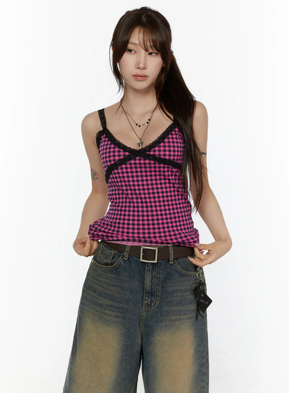 Checkered Lace Trim Tank CL508