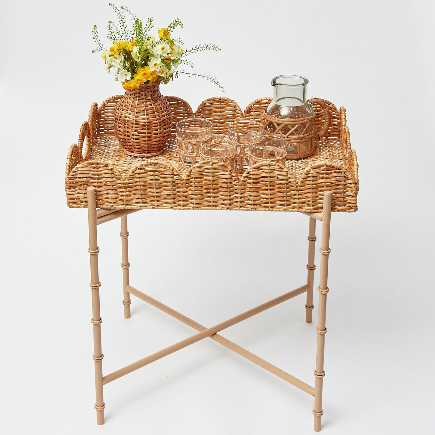 Scalloped Rattan Tray With Stand
