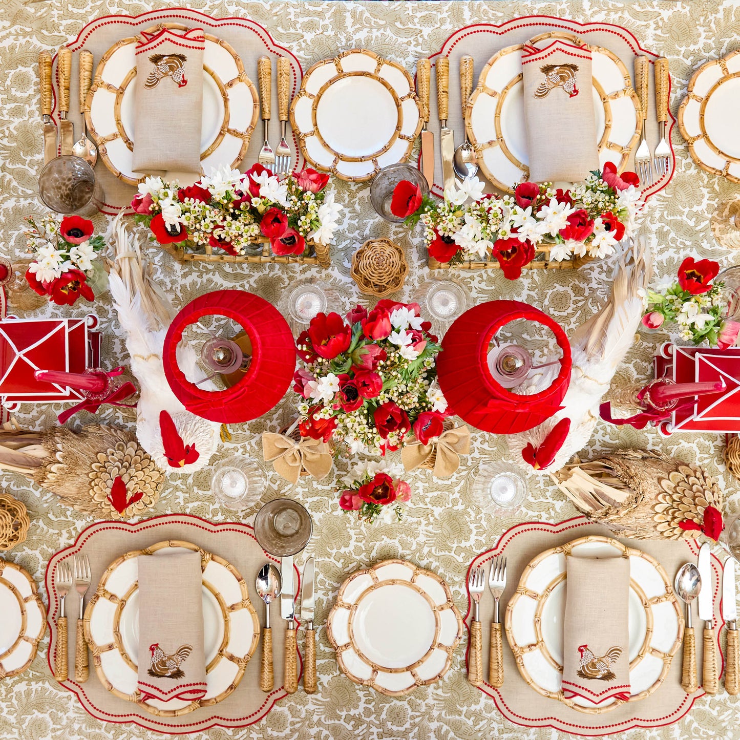 Putty & Red Eloise Linen Placemats & Henrietta Hen Napkins (Set of 4)